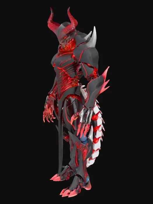 3D model for #villain#, a cyborg demon, magma crack texture, scholar level sculpting, prioritize edge cleanliness and topology, maximum faces with triangular topology, maximum vertices and face quality, UHD quality, high image sharpening, unity premium model asset, black and red color scheme, ghostly appearence, humanoid creature, distuinguishable and accurate stylized humanoid x demonic creature hybridization anatomy, cyberpunk theme and aesthetic. cartoony realism style