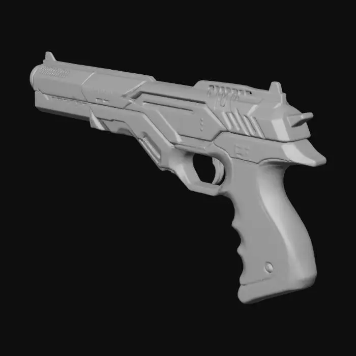 3D model for a detailed but polygon game style ultra futuristic laser handgun, AAA industry standard for model quality, super crisp and clean sculpting
