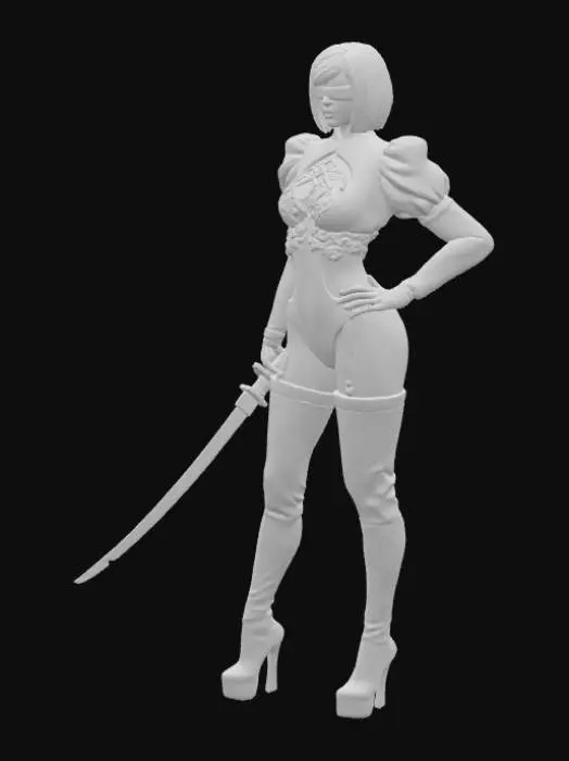 3D model for Create a female character standing confidently, she has a striking appearance with short, white hair cut in a bob and a black blindfold covering her eyes, giving her an air of mystery. Her outfit is bold and stylish: a black, long-sleeved top with elaborate lace-like designs, puffed up shoulder pads combined with a high-cut white leotard that emphasizes her legs and figure. She wears thigh-high black stockings held by garters and black thigh high-heeled boots, adding to her elegant yet combat-ready aesthetic.

Her pose is commanding her futuristic and sleek attire, holding a katana sword enhancing her presence as a character who blends beauty, strength, and enigma. Full Body appearance.thick appearence .