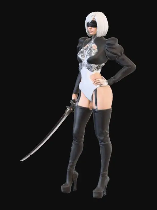 3D model for Create a female character standing confidently, she has a striking appearance with short, white hair cut in a bob and a black blindfold covering her eyes, giving her an air of mystery. Her outfit is bold and stylish: a black, long-sleeved top with elaborate lace-like designs, puffed up shoulder pads combined with a high-cut white leotard that emphasizes her legs and figure. She wears thigh-high black stockings held by garters and black thigh high-heeled boots, adding to her elegant yet combat-ready aesthetic.

Her pose is commanding her futuristic and sleek attire, holding a katana sword enhancing her presence as a character who blends beauty, strength, and enigma. Full Body appearance.thick appearence .