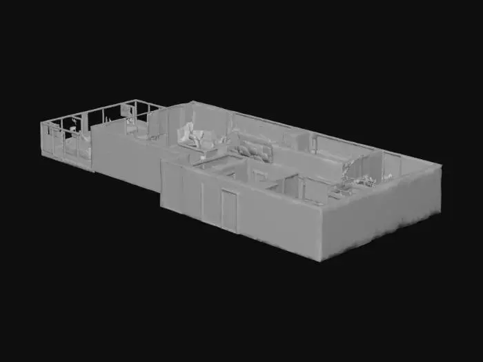 3D model for Photorealistic top-down 3D floor plan, modern 3-bedroom apartment layout with large balcony, open concept living and dining area, fully furnished, neutral color palette, high-quality architectural visualization