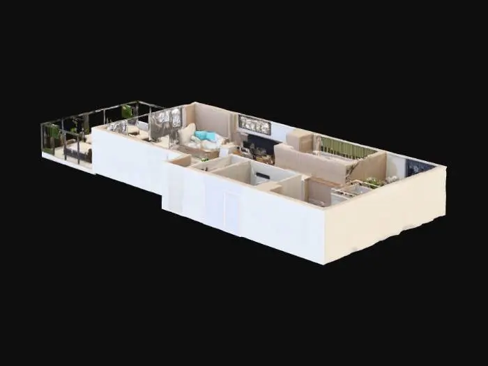 3D model for Photorealistic top-down 3D floor plan, modern 3-bedroom apartment layout with large balcony, open concept living and dining area, fully furnished, neutral color palette, high-quality architectural visualization