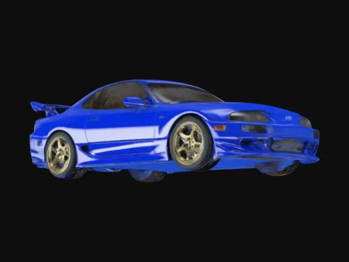 3D model for a high quality 3d model of a 1995 Toyota Supra Mark IV featuring a sleek and sporty design emblematic of JDM (Japanese Domestic Market) style. It is painted a vibrant blue, adorned with custom body modifications, a prominent rear wing, and stylish aftermarket wheels. The overall look of the Supra is eye-catching and reflects a blend of performance and visual appeal, making it an iconic element of the film. 4k resolution
