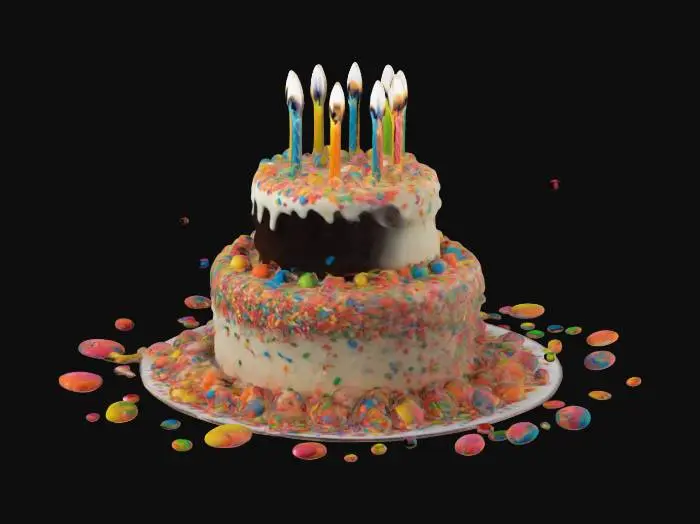 3D model for Brithday cake, cake, candles, sprinkles, colorful cream, candies, 3 layer cake, on plate, candies on each layer, fire on candles, shiny candies, shiny cream, shiny sprinkles, colorful sprinkles, candies around cake, 