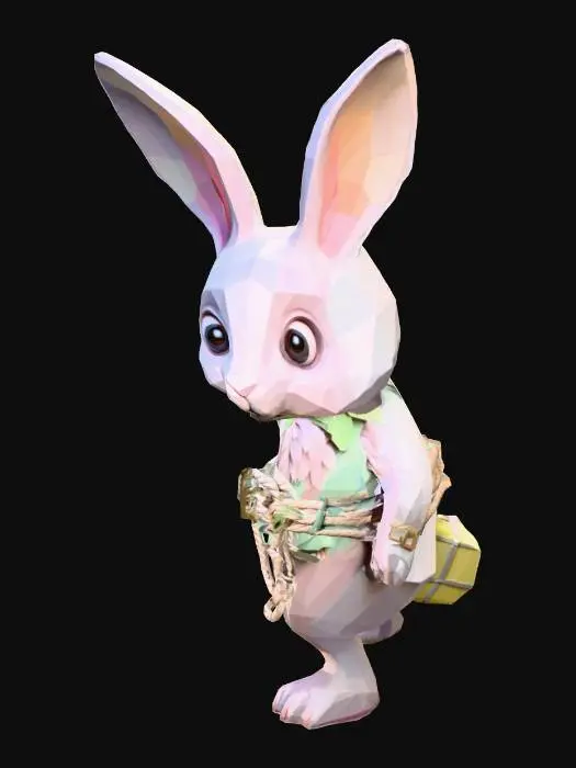 3D model for Low-poly stylized rabbit character,
Soft pastel fur, big eyes, simple geometric shapes. 
Wearing a tiny rope belt with survival items (gourde, feuilles, baies). 
Art style inspired by Tunic and Death’s Door. 
Calm fantasy lighting, clean colors, minimal details. 
Full body, neutral pose, game character concept art.