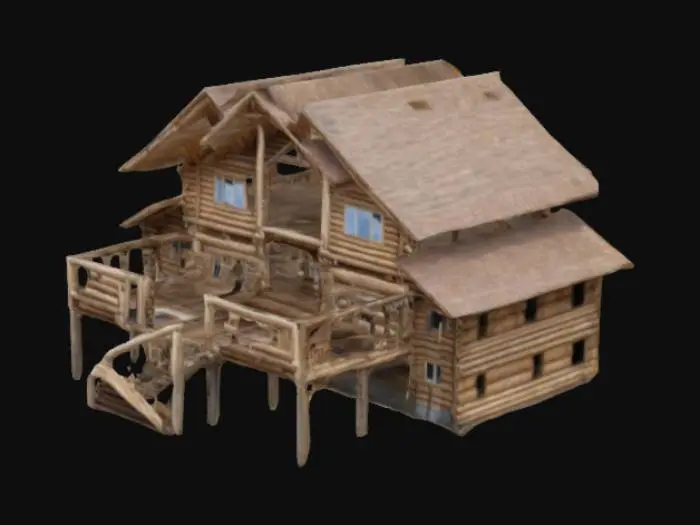 3D model for casa enorme hecha de troncos y madera. en algunas partes rota. en la que se pueda entrar adentro. que  tenga 4 habitaciones, una escalera al segundo piso
