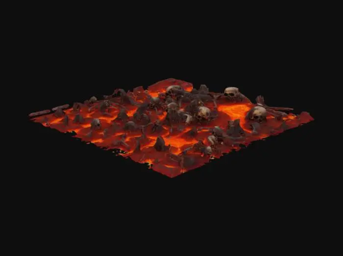 3D model for a game terrain.fire lava and bones. skull over the terrain and bones also blood spots.highly detailed