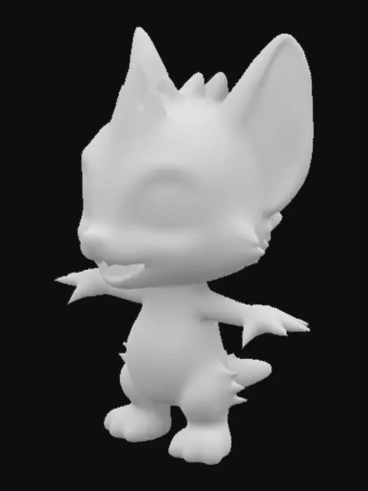 3D model for chibi fantasy animal with realistic animal anatomy. Big eyes and with a lot of fangs. spikes in the back. realistic face depth, realistic skin . standing in T -pose