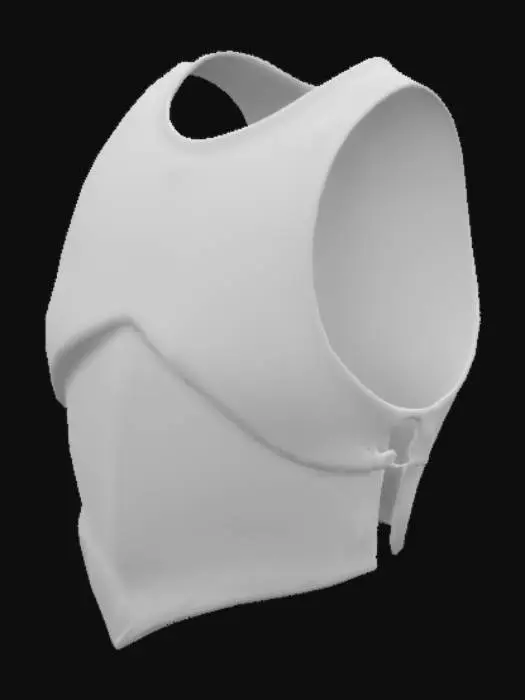 3D model for Armadura de pecho solamente. half chest armor, The object is a smooth, black, rigid vest-like chest plate with a curved, symmetrical shape and rivet accents. hecha con escamas rojas y partes blancas