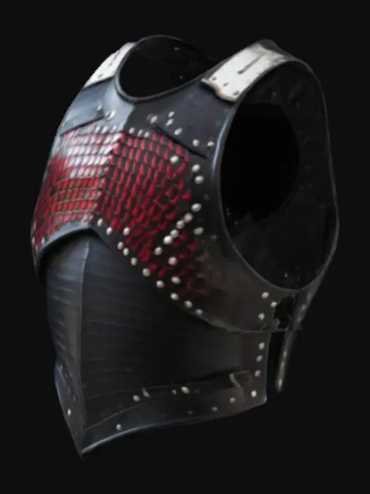 3D model for Armadura de pecho solamente. half chest armor, The object is a smooth, black, rigid vest-like chest plate with a curved, symmetrical shape and rivet accents. hecha con escamas rojas y partes blancas