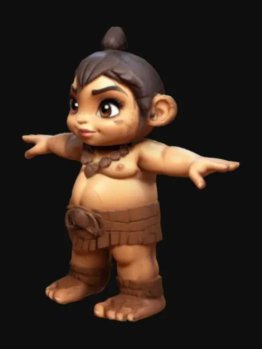 3D model for  Chibi art style cavewoman girl. Highly Stylized. Chunky shapes and details. Bold texture. Thick and bold embossed and engraved detail. Sharp edges. Sculpted blocky style. T pose