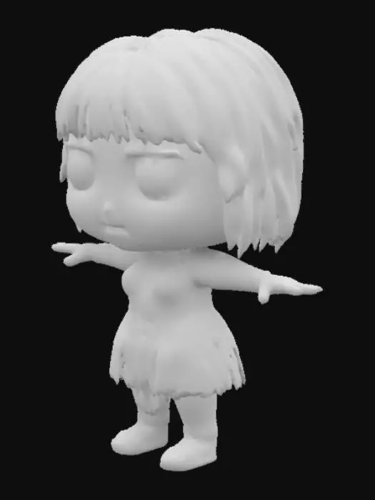 3D model for  Chibi art style cavewoman girl. Highly Stylized. Chunky shapes and details. Bold texture. Thick and bold embossed and engraved detail. Sharp edges. Sculpted blocky style. T pose