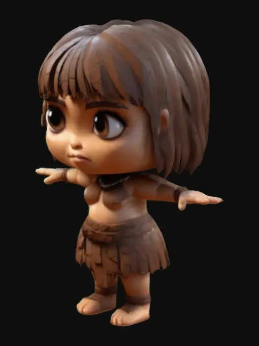 3D model for  Chibi art style cavewoman girl. Highly Stylized. Chunky shapes and details. Bold texture. Thick and bold embossed and engraved detail. Sharp edges. Sculpted blocky style. T pose
