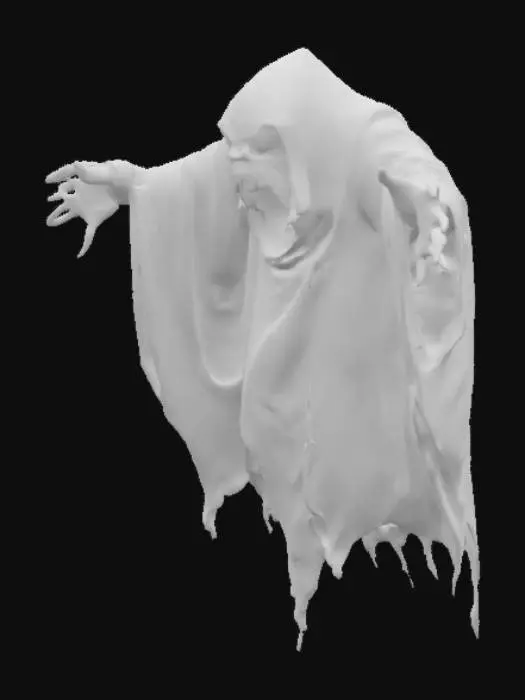 3D model for fantasy ghost enraged, body floating in the air, torn white robe fluttering on his body, outstretched arms forward in front of him, detailed scary face ghost, extremely detailed, high sharp resolution texture, epic stance