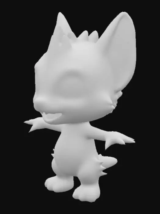 3D model for chibi fantasy animal with realistic animal anatomy. Big eyes and with a lot of fangs. spikes in the back. realistic face depth, realistic skin . standing in T -pose
