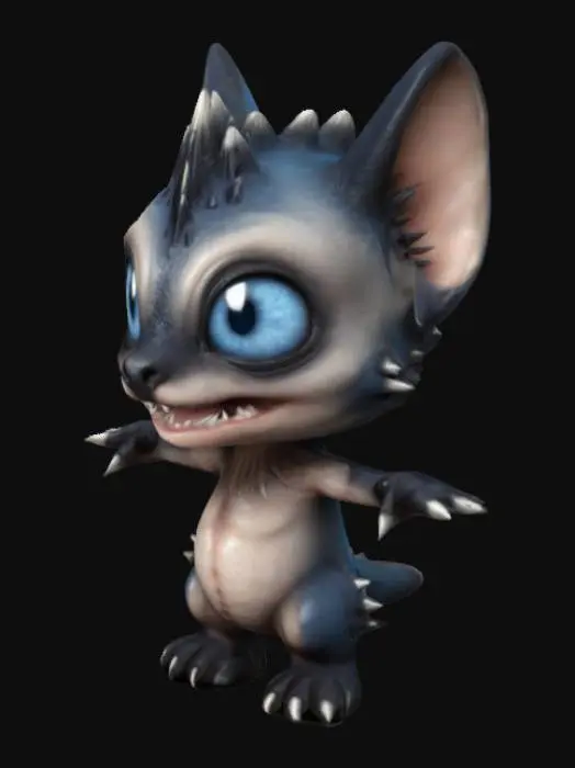 3D model for chibi fantasy animal with realistic animal anatomy. Big eyes and with a lot of fangs. spikes in the back. realistic face depth, realistic skin . standing in T -pose