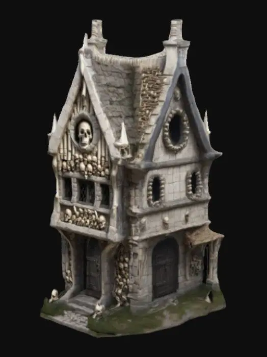 3D model for casa tipo medieval hecha con huesos y calaveras. con entrada sin puerta. alta calidad de diseño