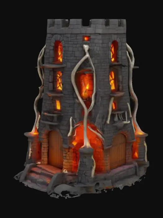 3D model for una torre hecha de ladrillos de piedra, lava, huesos. alta calidad.con puerta y terraza