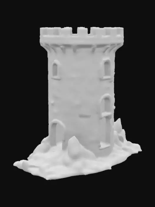 3D model for una torre hecha de ladrillos de piedra, lava, huesos. alta calidad.con puerta y terraza