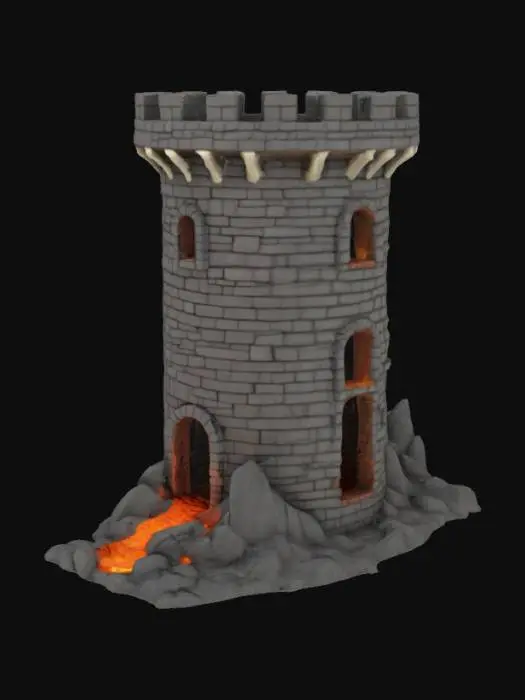 3D model for una torre hecha de ladrillos de piedra, lava, huesos. alta calidad.con puerta y terraza
