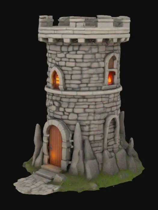 3D model for una torre hecha de ladrillos de piedra, lava, huesos. alta calidad.con puerta y terraza