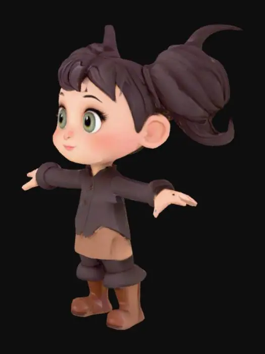 3D model for Costume, stylized, Cute. 
Stylized female fantasy character Costume, stylized, Cute. in a whimsical, semi-realistic style. Large expressive eyes, slightly oversized head, slim waist, and compact limbs. Voluminous windswept hair, confident facial expression. Inspired by animated fantasy games and collectible figurines. Clean T-pose, focus on costume and silhouette.
