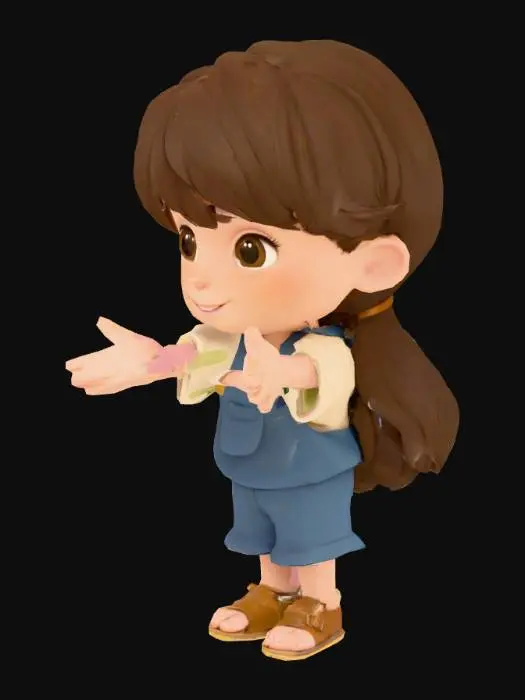 3D model for "un personaje 3D en estilo cartoon infantil, amigable y cálido. Cabeza grande, ojos grandes y expresivos, sonrisa suave, barba corta estilizada, cabello largo ondulado marrón oscuro con reflejos. Túnica blanca cremosa con bordes dorados o azules, cinturón marrón, sandalias simples. Paleta de colores cálidos: piel oliva clara, ropa en beige, blanco, azul suave. Estilo inspirado en VeggieTales o Toy Story