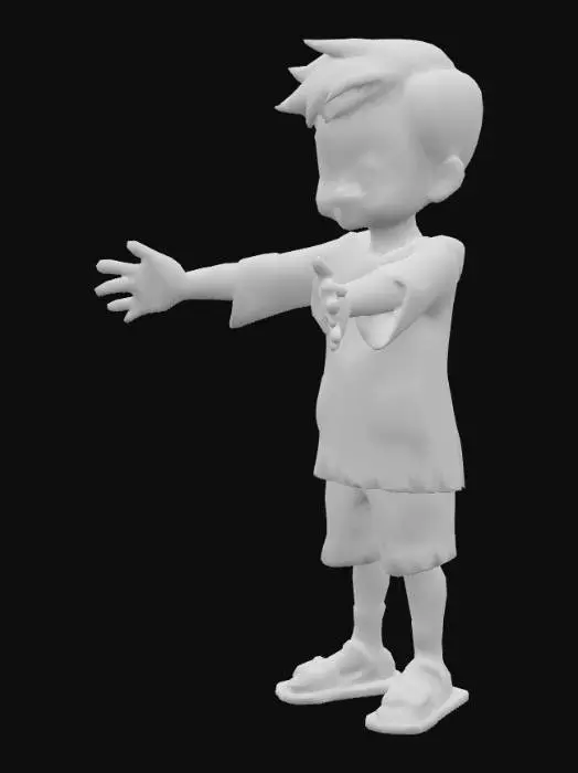 3D model for "un personaje 3D en estilo cartoon infantil, amigable y cálido. Cabeza grande, ojos grandes y expresivos, sonrisa suave, barba corta estilizada, cabello largo ondulado marrón oscuro con reflejos. Túnica blanca cremosa con bordes dorados o azules, cinturón marrón, sandalias simples. Paleta de colores cálidos: piel oliva clara, ropa en beige, blanco, azul suave. Estilo inspirado en VeggieTales o Toy Story