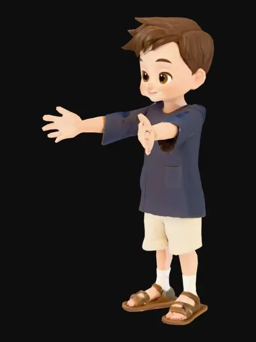 3D model for "un personaje 3D en estilo cartoon infantil, amigable y cálido. Cabeza grande, ojos grandes y expresivos, sonrisa suave, barba corta estilizada, cabello largo ondulado marrón oscuro con reflejos. Túnica blanca cremosa con bordes dorados o azules, cinturón marrón, sandalias simples. Paleta de colores cálidos: piel oliva clara, ropa en beige, blanco, azul suave. Estilo inspirado en VeggieTales o Toy Story