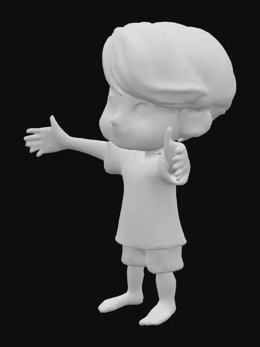 3D model for "un personaje 3D en estilo cartoon infantil, amigable y cálido. Cabeza grande, ojos grandes y expresivos, sonrisa suave, barba corta estilizada, cabello largo ondulado marrón oscuro con reflejos. Túnica blanca cremosa con bordes dorados o azules, cinturón marrón, sandalias simples. Paleta de colores cálidos: piel oliva clara, ropa en beige, blanco, azul suave. Estilo inspirado en VeggieTales o Toy Story