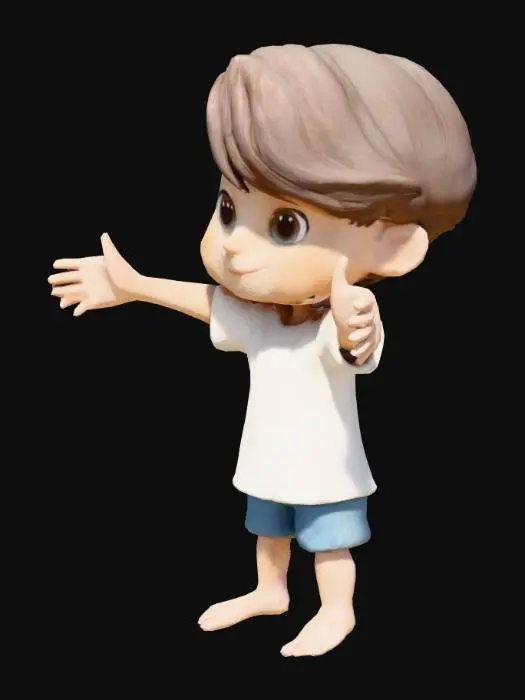 3D model for "un personaje 3D en estilo cartoon infantil, amigable y cálido. Cabeza grande, ojos grandes y expresivos, sonrisa suave, barba corta estilizada, cabello largo ondulado marrón oscuro con reflejos. Túnica blanca cremosa con bordes dorados o azules, cinturón marrón, sandalias simples. Paleta de colores cálidos: piel oliva clara, ropa en beige, blanco, azul suave. Estilo inspirado en VeggieTales o Toy Story