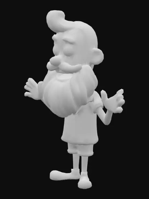 3D model for "un personaje 3D en estilo cartoon infantil, amigable y cálido. Cabeza grande, ojos grandes y expresivos, sonrisa suave, barba corta estilizada, cabello corto ondulado marrón oscuro con reflejos. Túnica azul con bordes dorados o azules, cinturón rojo, sandalias simples. Paleta de colores cálidos: piel oliva clara, ropa en beige, blanco, azul suave. Estilo inspirado en VeggieTales o Toy Story