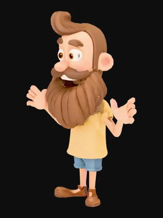3D model for "un personaje 3D en estilo cartoon infantil, amigable y cálido. Cabeza grande, ojos grandes y expresivos, sonrisa suave, barba corta estilizada, cabello corto ondulado marrón oscuro con reflejos. Túnica azul con bordes dorados o azules, cinturón rojo, sandalias simples. Paleta de colores cálidos: piel oliva clara, ropa en beige, blanco, azul suave. Estilo inspirado en VeggieTales o Toy Story
