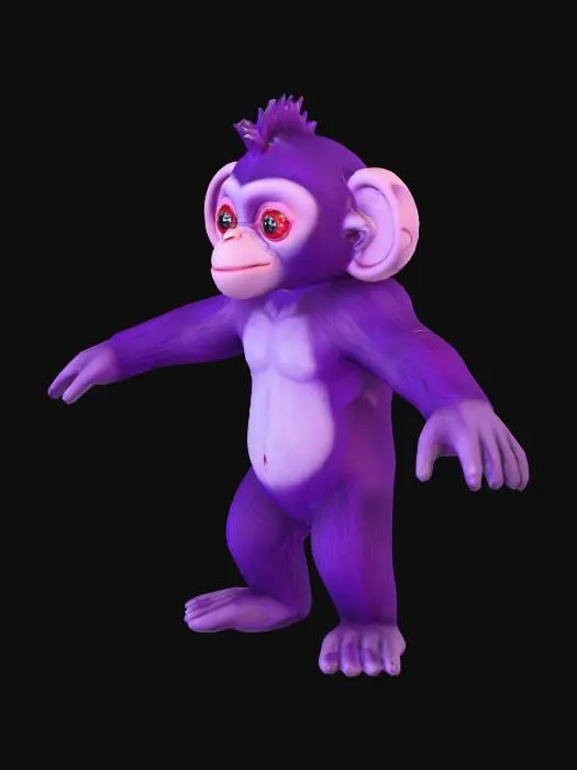 3D model for un mono de fantasia de color violeta con ojos rojos y mirada tierna. mucho pelo