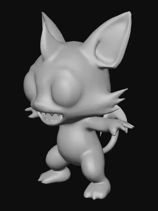 3D model for chibi fantasy animal with realistic animal anatomy. Big eyes and with a lot of fangs. spikes in the back. realistic face depth, realistic skin . standing in T -pose