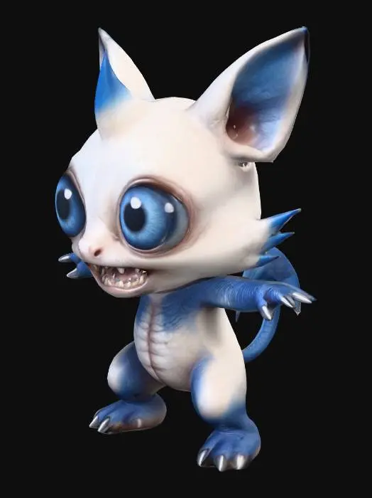 3D model for chibi fantasy animal with realistic animal anatomy. Big eyes and with a lot of fangs. spikes in the back. realistic face depth, realistic skin . standing in T -pose