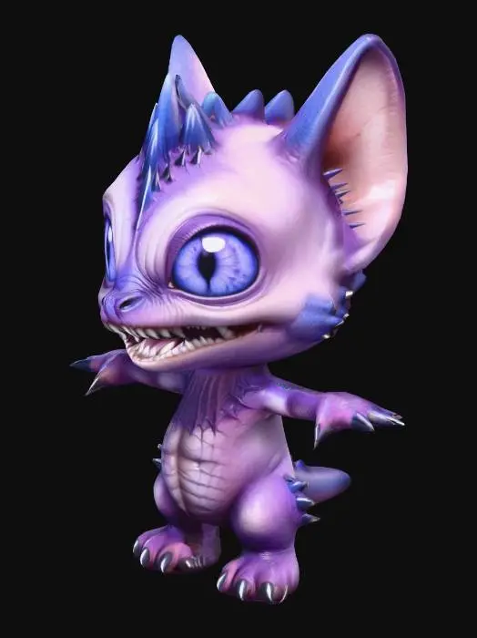 3D model for chibi fantasy animal with realistic animal anatomy. Big eyes and with a lot of fangs. spikes in the back. realistic face depth, realistic skin . standing in T -pose