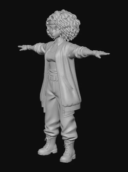 3D model for copia al personaje de anime,  usa colores militares  y poses de modelo  pantalon y accesorios ,  los pechos medianos. usa ropa de estilo baggy femenino . estilo de cabello igual a la imagen. sin armas. chamarra larga y abierta tipo limitar. guantes. todo el personaje debe caber en la imagen mostrando desde la cabeza hasta los pies. poses de audacia. pero femeninas. la blusa pegada al cuero por dejabo de la chamarra. poses militares.