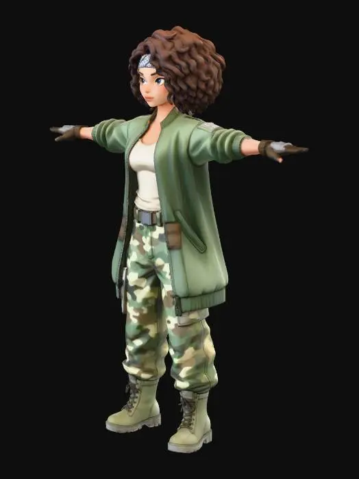 3D model for copia al personaje de anime,  usa colores militares  y poses de modelo  pantalon y accesorios ,  los pechos medianos. usa ropa de estilo baggy femenino . estilo de cabello igual a la imagen. sin armas. chamarra larga y abierta tipo limitar. guantes. todo el personaje debe caber en la imagen mostrando desde la cabeza hasta los pies. poses de audacia. pero femeninas. la blusa pegada al cuero por dejabo de la chamarra. poses militares.