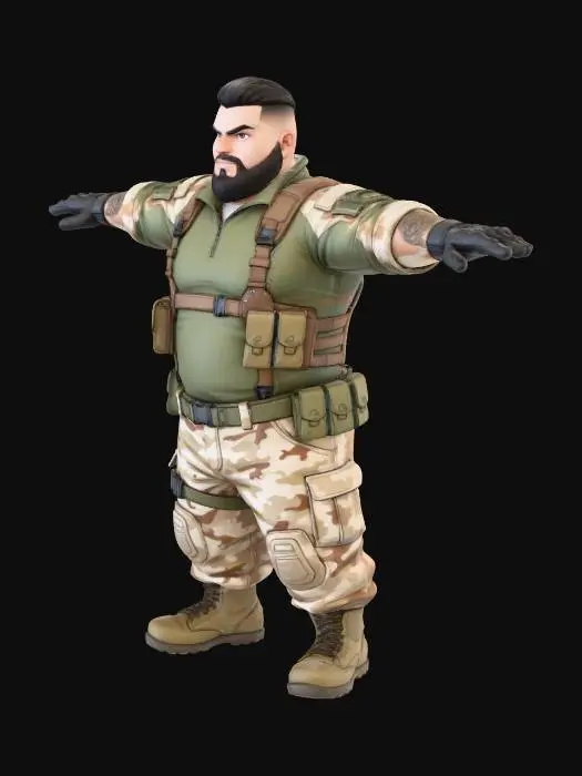 3D model for copia al personaje de anime,  usa colores militares  y poses de modelo  pantalon y accesorios , . usa ropa de estilo baggy . estilo de cabello igual a la imagen. sin armas.  tipo limitar. guantes. todo el personaje debe caber en la imagen mostrando desde la cabeza hasta los pies. poses de audacia. la camisa pegada al cuero . poses militares. en distintos colores la ropa, sin lentes. con barba.