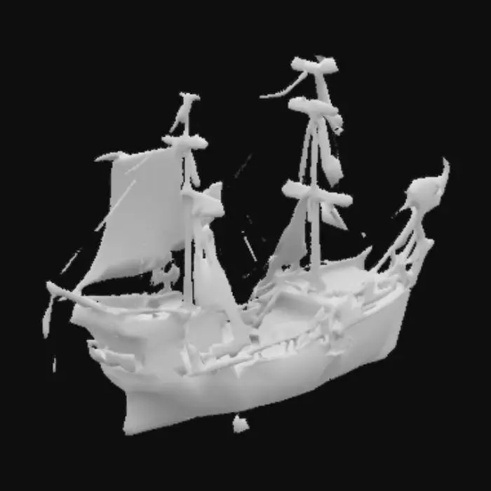 3D model for gran barco pirata en el que se pueda entrar adentro. semi destruido. con cañones y balas de cañones. timon y un mascaron de proa de una calavera de dinosaurio