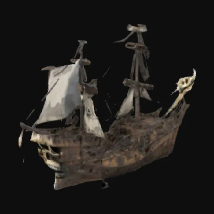 3D model for gran barco pirata en el que se pueda entrar adentro. semi destruido. con cañones y balas de cañones. timon y un mascaron de proa de una calavera de dinosaurio