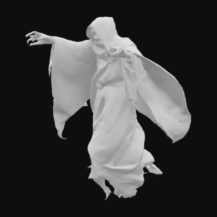 3D model for fantasy ghost enraged, body floating in the air, torn white robe fluttering on his body, outstretched arms forward in front of him, detailed scary face ghost, extremely detailed, high sharp resolution texture, epic stance