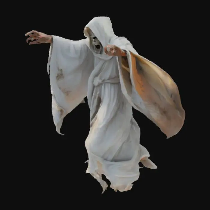3D model for fantasy ghost enraged, body floating in the air, torn white robe fluttering on his body, outstretched arms forward in front of him, detailed scary face ghost, extremely detailed, high sharp resolution texture, epic stance