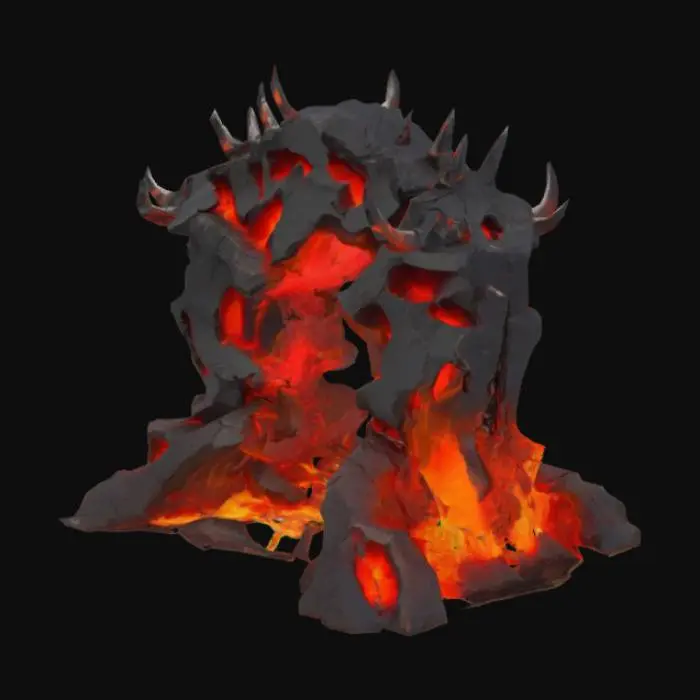 3D model for Hellgate of Tharoz ,#arch#
Twisted obsidian stone with jagged, volcanic surfaces and glowing magma veins in deep cracks. Darkened iron spikes and chains with scorched patina. Glowing red-orange infernal runes carved into the stone. Base covered in char, soot, and ember residue. Use roughness, displacement, emissive (for runes and molten glow), and metalness maps. Fiery glow from core interior creates dynamic lighting across edges.