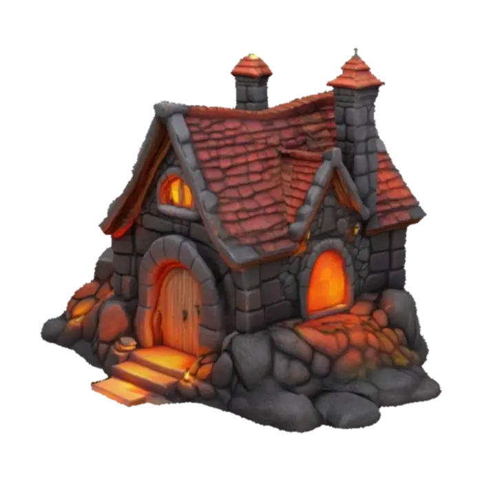casa hecha de lava y rocas. con vetanas y puerta.estilo medieval.alta calidad.fantasia - Window 3D model, vytvořený pomocí AI