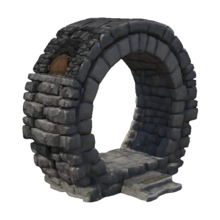 empalizada circular de piedra y lava, con entrada sin puerta.tipo medieval - Fortification 3D model, vytvořený pomocí AI