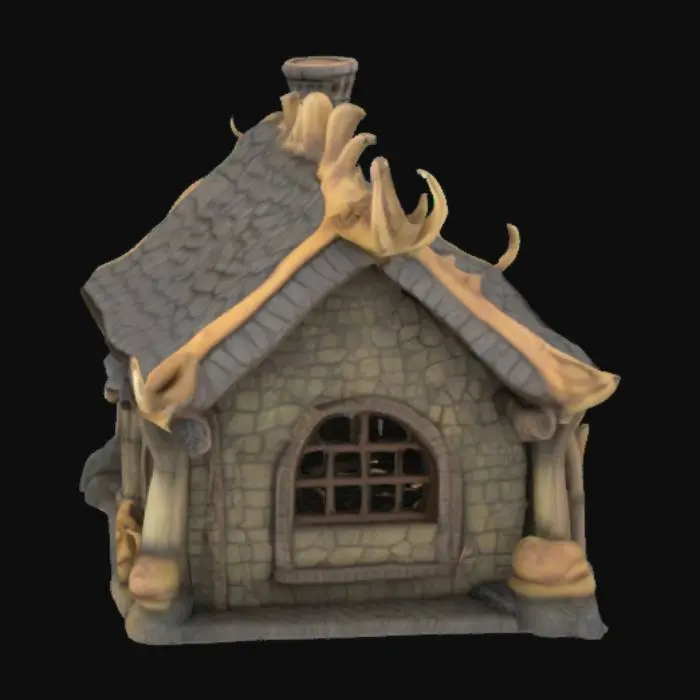 3D model for casa hecha con partes de dinosaurio. tipo mediveal de fantasia. alta calidad de detalles