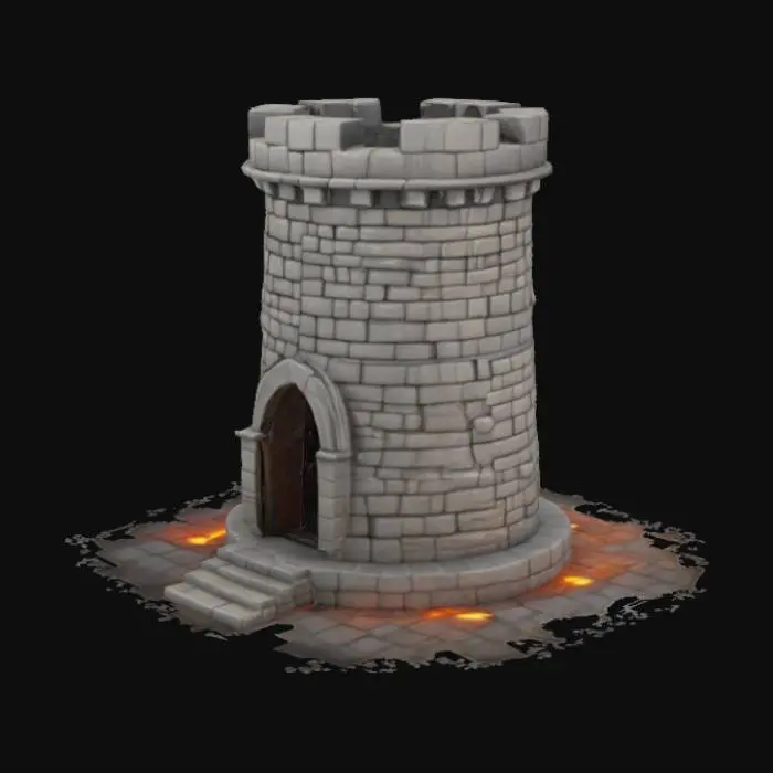 3D model for una torre hecha de ladrillos de piedra, lava, huesos. alta calidad.con puerta y terraza