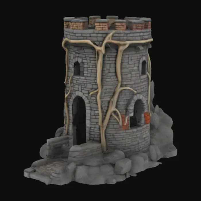 3D model for una torre hecha de ladrillos de piedra, lava, huesos. alta calidad.con puerta y terraza